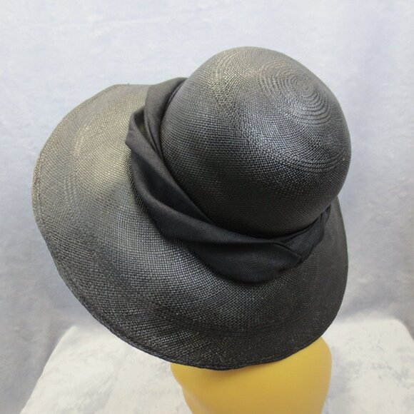 Vintage Eric Javits Womens M Sun Hat Black Wide 4.5" Brim Luxury Straw Fashion - Picture 2 of 11